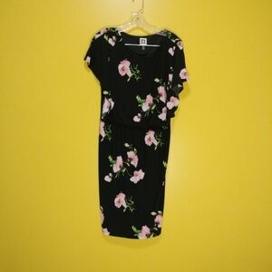 Anne Klein Black and Pink Midi Dress with Cap Dolman Sleeves
